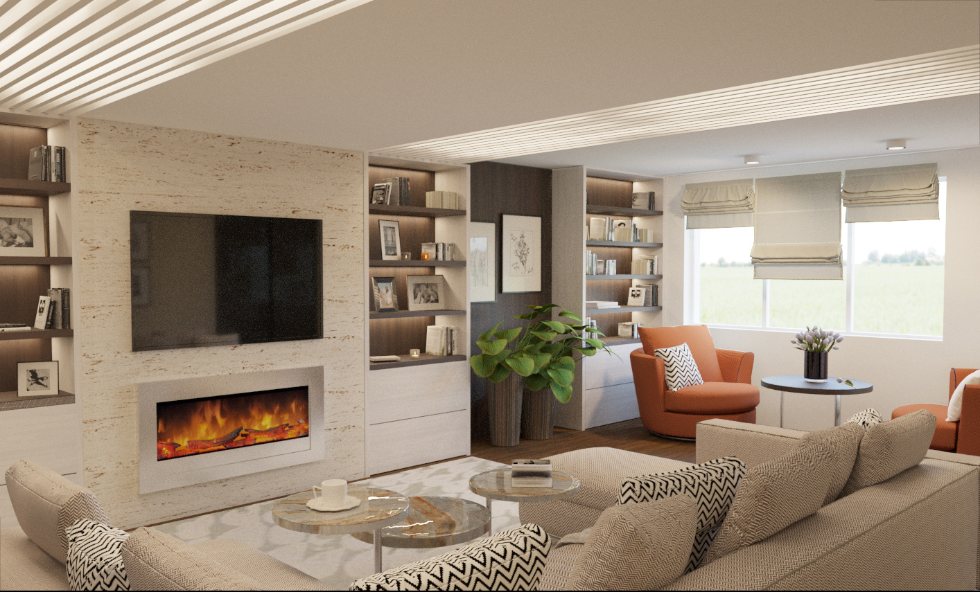 Modern living room interior design with fireplace and built-in shelving