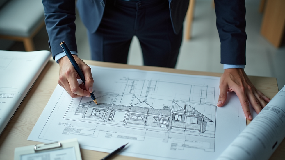 High angle view of a project manager reviewing architectural blueprints on a desk