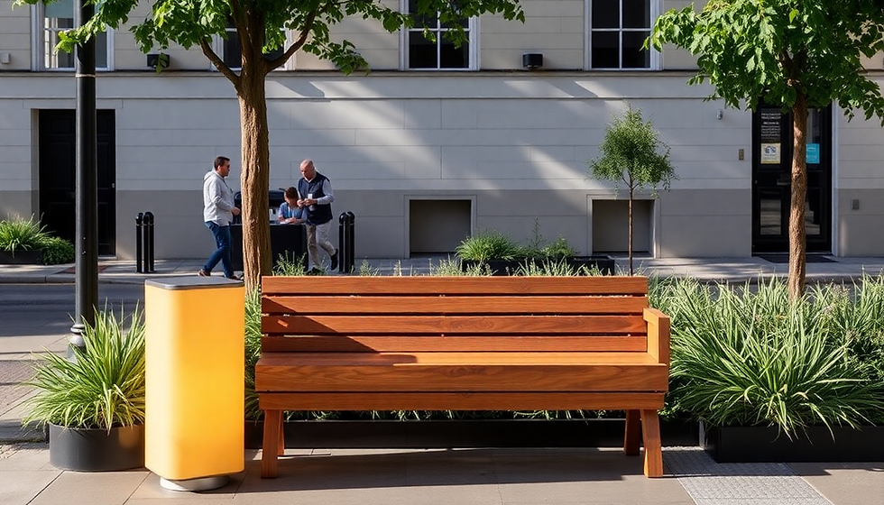 Wooden bench in a park with people walking around, PHASEZERO DESIGN.