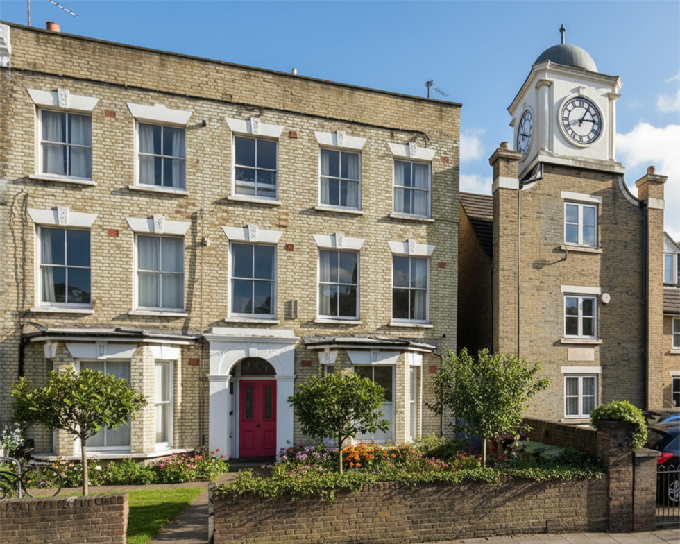 Victorian building with clock tower and green lawn; Southwark Flats, PHASEZERO DESIGN