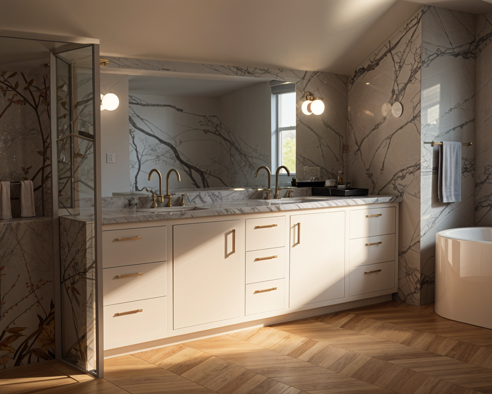 Modern bathroom with double vanity, marble walls, wood floor