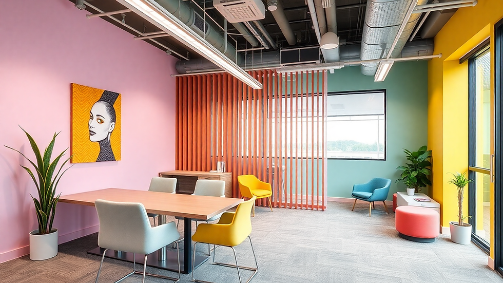 Modern office space with colorful walls, furniture, and art