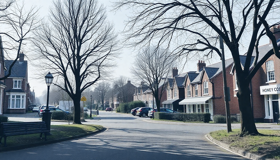 Street with beautiful houses, cars, and trees on a sunny day.