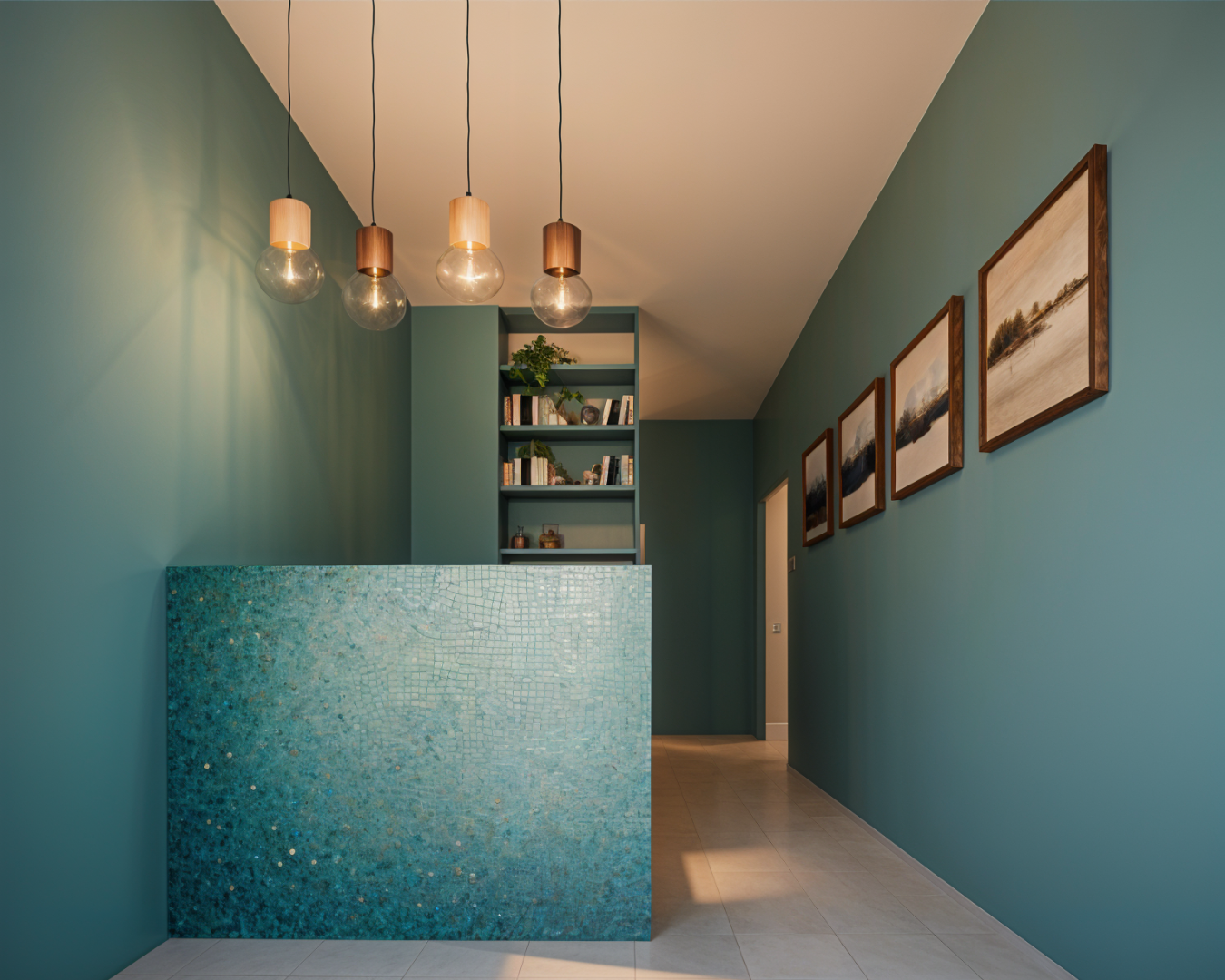 Reception desk with turquoise wall and framed pictures, design studio services.