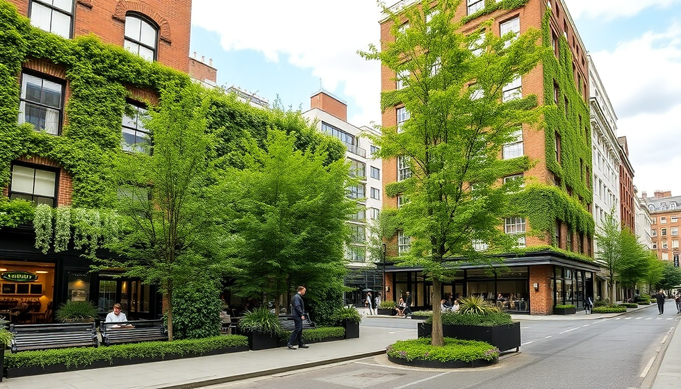 Green trees and buildings, a man walking, outdoor seating, PHASEZERO DESIGN