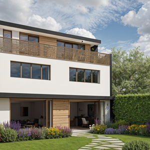 Modern two-story house with balcony and lush garden path