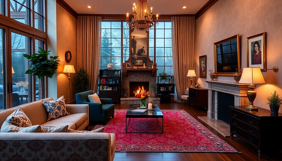 Cozy living room with fireplace, furniture, and large windows PHASEZERO DESIGN.