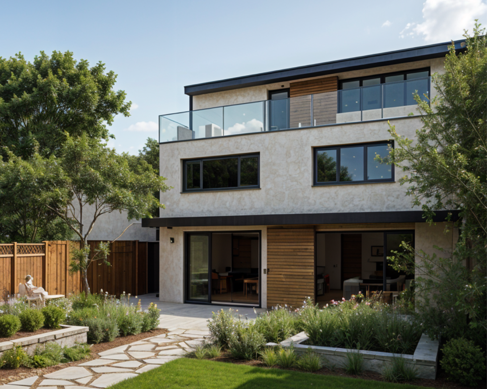Two-story modern home with backyard and balcony