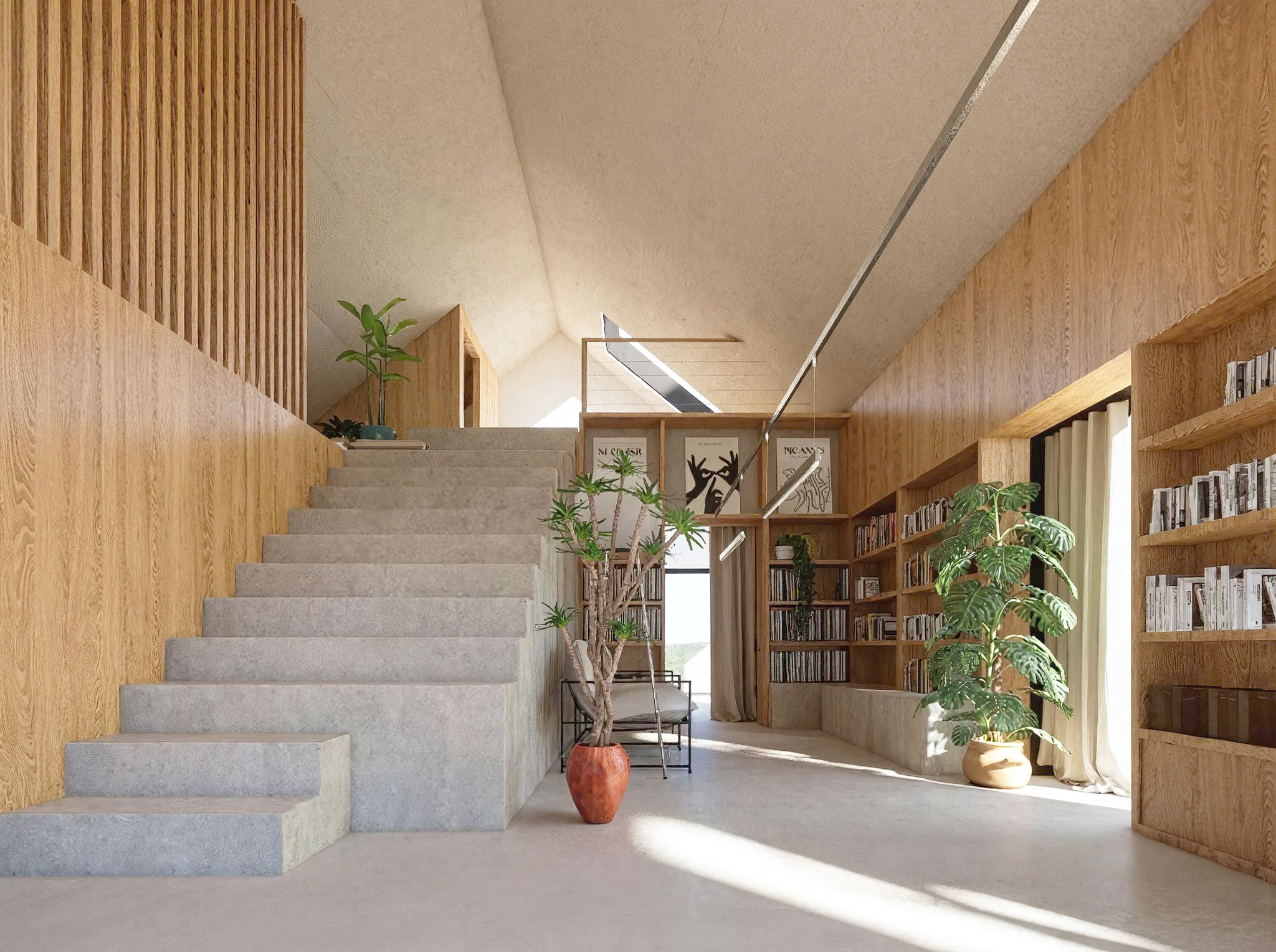 Concrete stairs leading to a library with wooden walls
