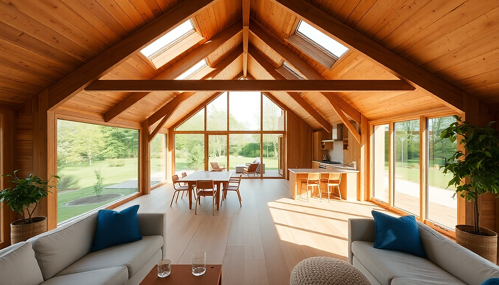 Light-filled wooden interior with large windows, modern furniture, and a bright outdoor view.
