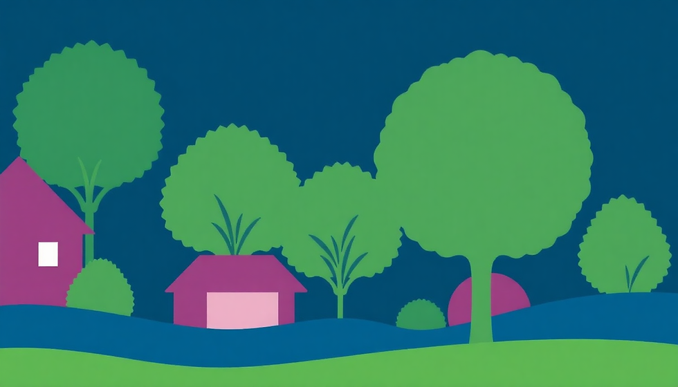 Stylized image of houses and trees with grass against a dark blue background.