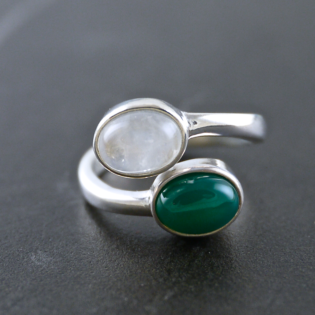 Monsteraleaf デュアル ストーン シルバー リング サイズフリー レインボームーンストーン グリーン オニキス オーバル カボション 天然石 ジュエリー