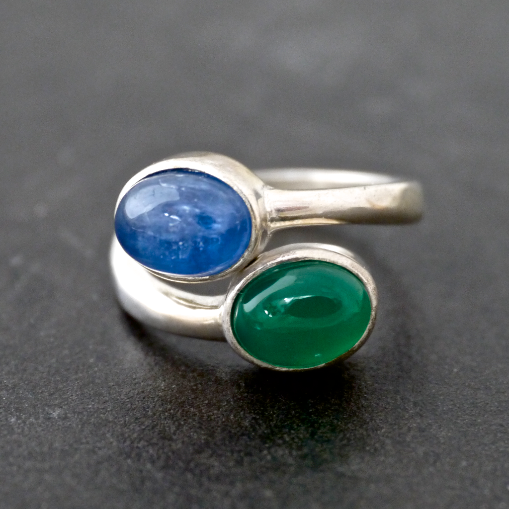 Monsteraleaf カイヤナイト ブルー グリーン オニキス デュアル ストーン シルバー リング コンビ サイズフリー オーバル カボション 天然石ジュエリー