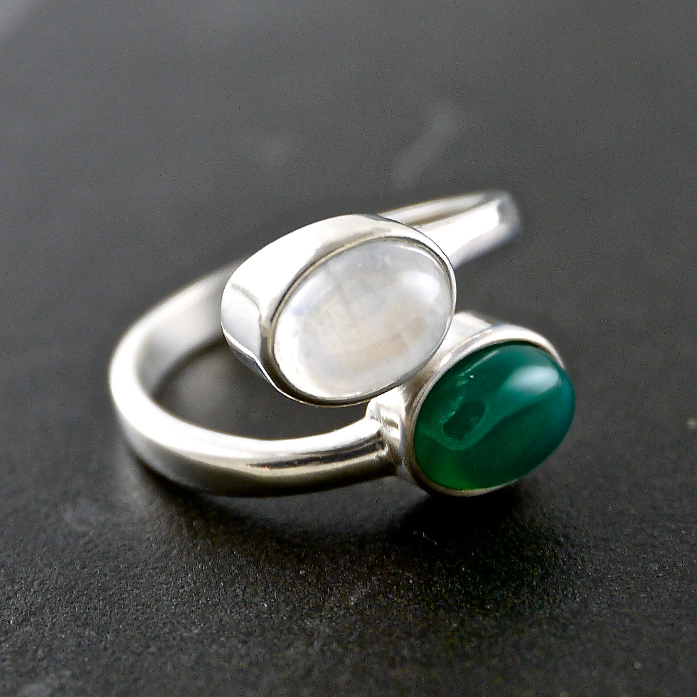 Thumbnail: Monsteraleaf デュアル ストーン シルバー リング サイズフリー レインボームーンストーン グリーン オニキス オーバル カボション 天然石 ジュエリー