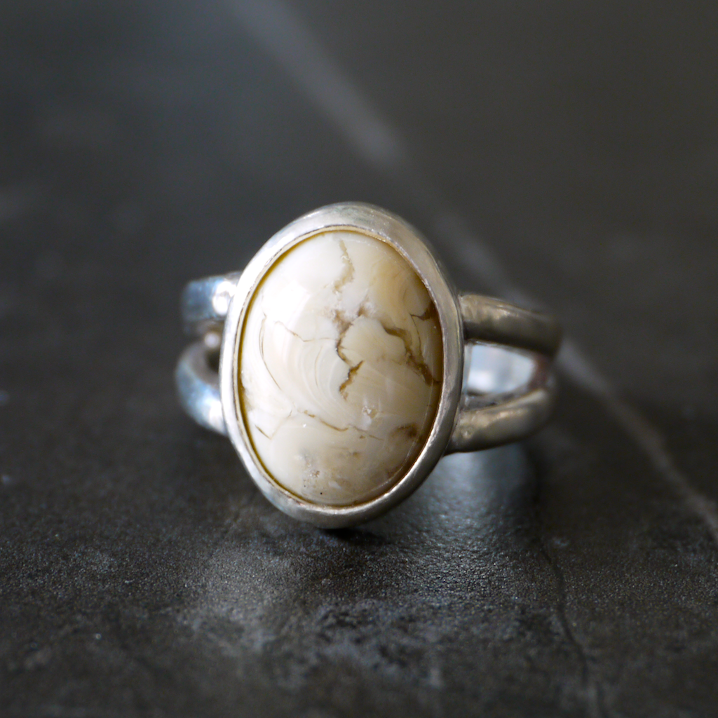 Monsteraleaf ミルキー オパール オーバル カボション シルバー ファッション ボリューム リング 天然石ジュエリー