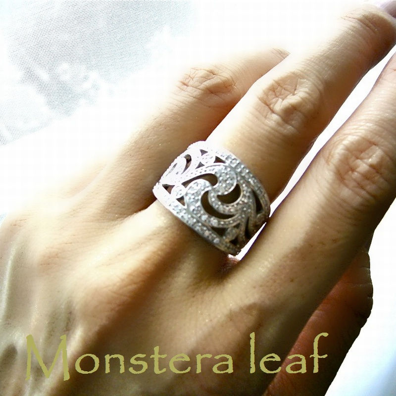 Thumbnail: Monsteraleaf キュービックジルコニア フィリグリー シルバー パヴェ ワイド リング 天然石ジュエリー