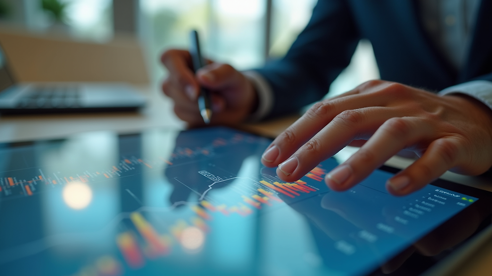 Close-up view of a digital marketer analyzing PPC data on a tablet
