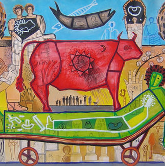 Álvaro Santiago, La naturaleza en armonia (La vaca Sagrada), 1996-97, mixta y collage sobr