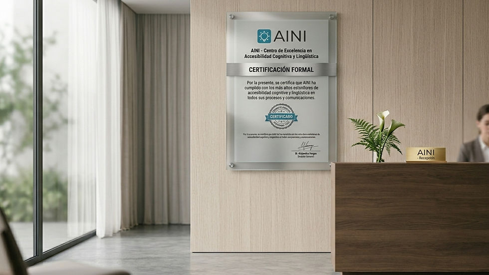 Recepción moderna de AINI con placa de certificación, mostrador de madera, flor blanca y fondo luminoso; ambiente profesional.