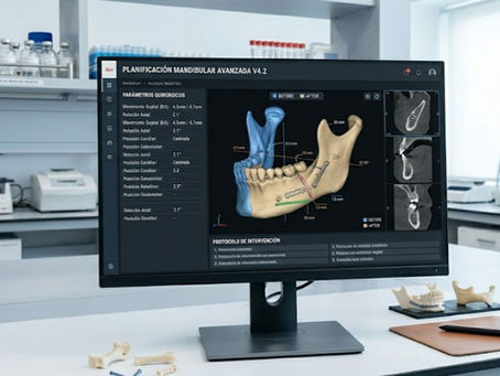 Monitor en laboratorio dental muestra planificación mandibular avanzada con modelo 3D, tomografías y fondo clínico moderno.