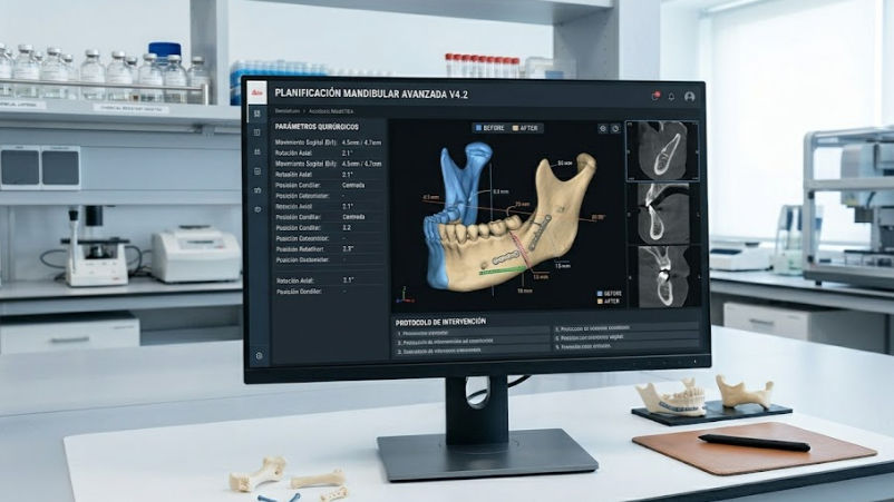Monitor en laboratorio dental muestra planificación mandibular avanzada con modelo 3D, tomografías y fondo clínico moderno.