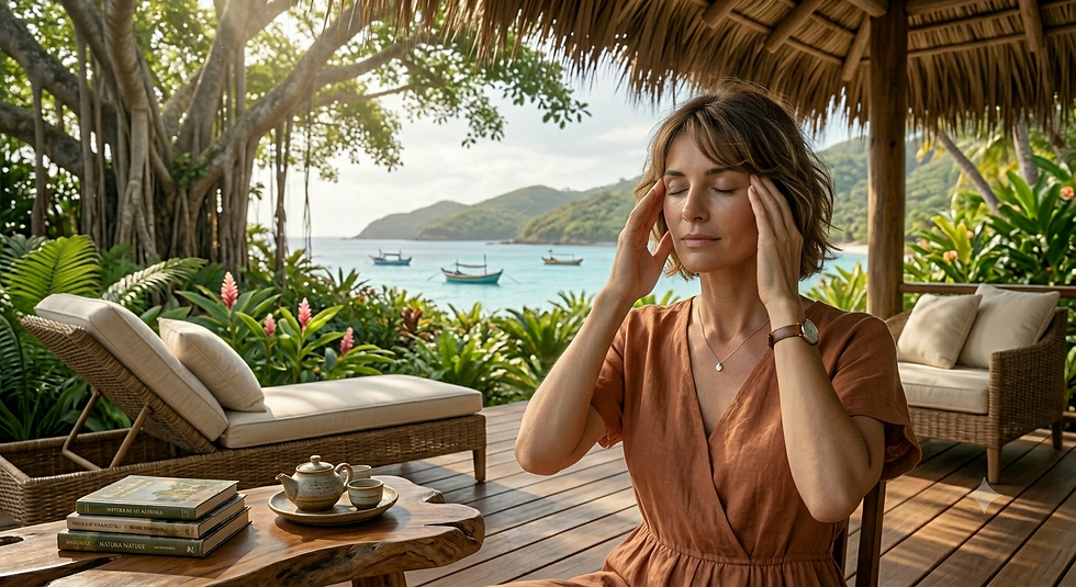 Mujer meditando en una terraza tropical junto al mar, con tumbonas, flores y barcos al fondo; ambiente sereno.