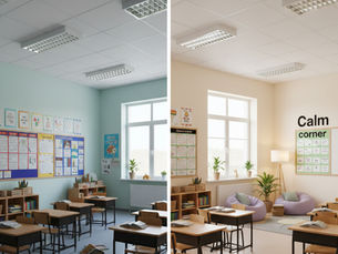 Imagen comparativa de un aula dividida en dos paneles: 'Antes' y 'Después'. El panel izquierdo muestra un aula tradicional con luz fluorescente fría, paredes saturadas de carteles coloridos y desorden visual. El panel derecho muestra la versión optimizada por AINI: paredes en tono crema institucional (#F9F2EC), luz natural suave, mobiliario ordenado y una 'esquina de calma' con puffs lavanda. La comparación ilustra cómo la reducción de estímulos visuales y una iluminación adecuada crean un entorno sensorialmente seguro para el aprendizaje.