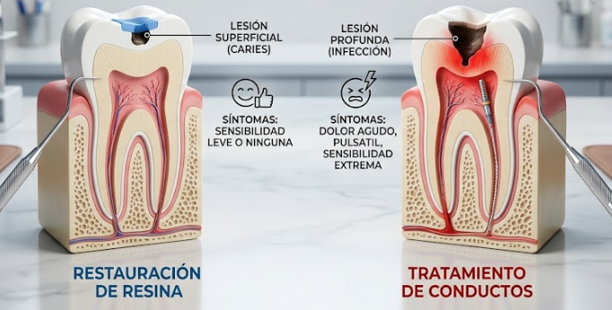 Infografía de dos dientes: restauración de resina vs tratamiento de conductos, con lesión superficial y profunda y síntomas.