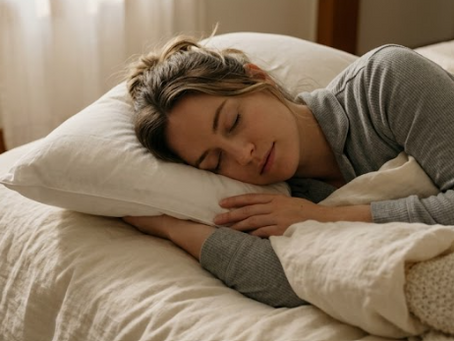 Mujer dormida en una cama blanca, abrazando la almohada en un dormitorio cálido y tranquilo.