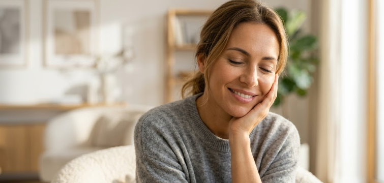 Mujer sonriente con ojos cerrados y mano en la mejilla, en una sala luminosa y acogedora con suéter gris.