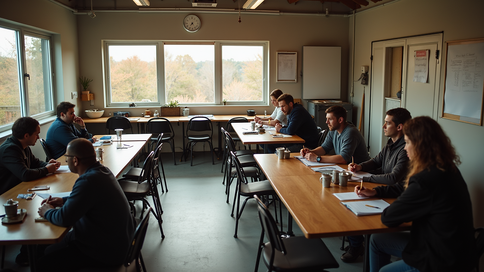High angle view of a workshop room with community members learning skills