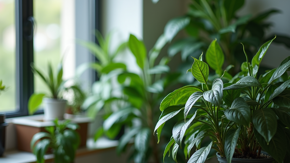 Close-up of a green office corner with a variety of indoor plants