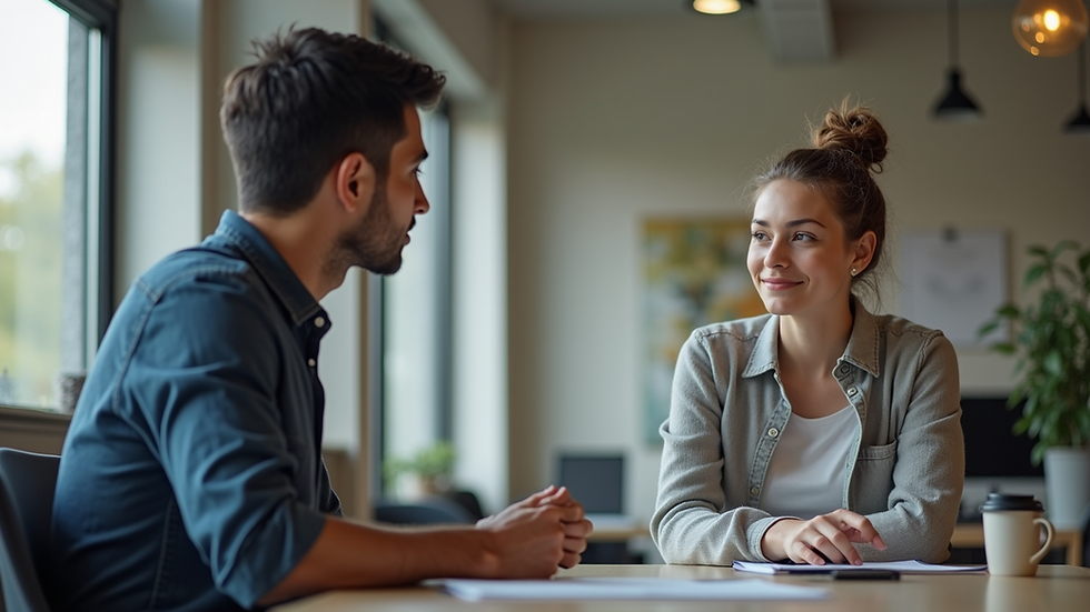 Eye-level view of a student advisor discussing options with a young student