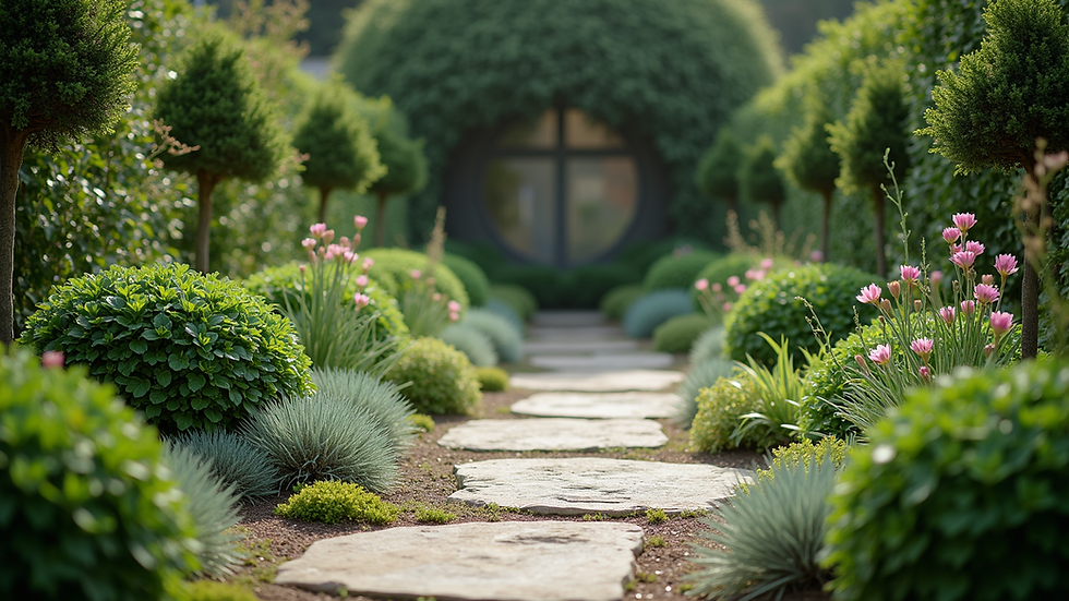 Wide angle view of a garden with layered plants and a stone pathway