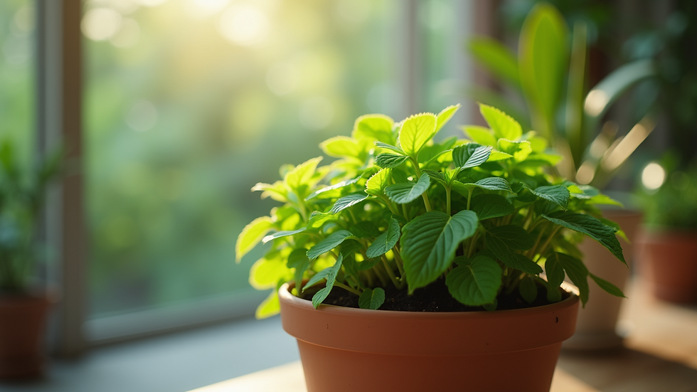 Close-up view of a lush green plant in a biodegradable pot