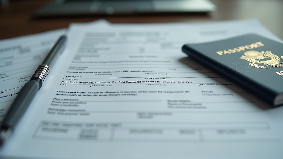 Close-up view of visa application forms and passport on a desk