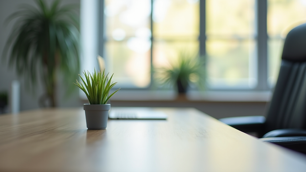 Close-up view of a modern office desk with a small potted plant