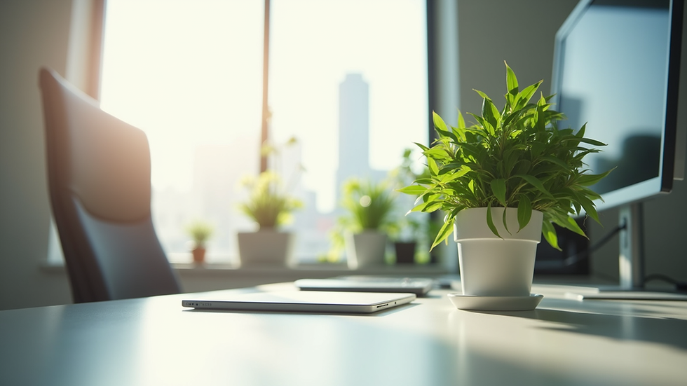Eye-level view of a bright office desk with a healthy green plant