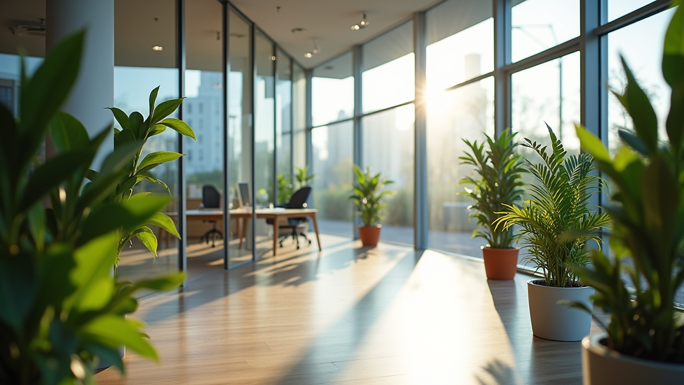 Wide angle view of modern office with green plants and natural light