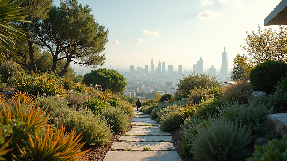 Eye-level view of terraced garden with native plants and city skyline in the background
