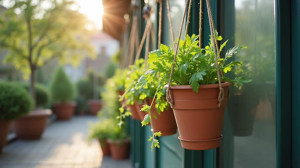 Close-up view of hanging planters with herbs on a small terrace