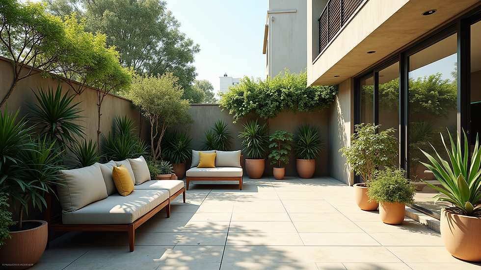Wide angle view of a terrace garden with seating area and potted plants