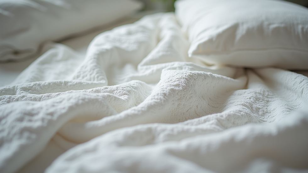 Close-up view of folded bed sheets with intricate patterns and textures