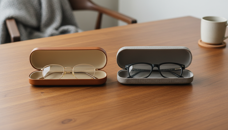 Top-down view of two glasses cases and prescription frames on a wooden table.