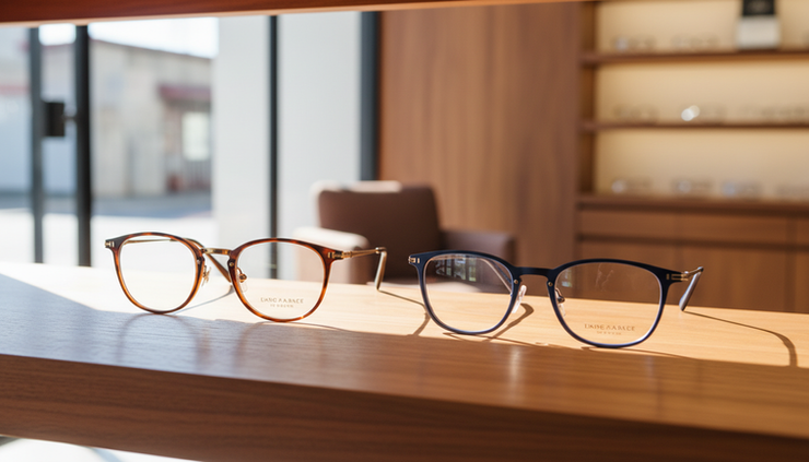 Eye-level view of two stylish glasses frames on a bright optical display.