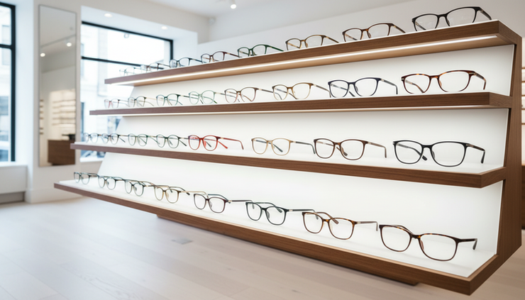 Wide-angle view of a bright eyewear shelf filled with modern glasses frames.