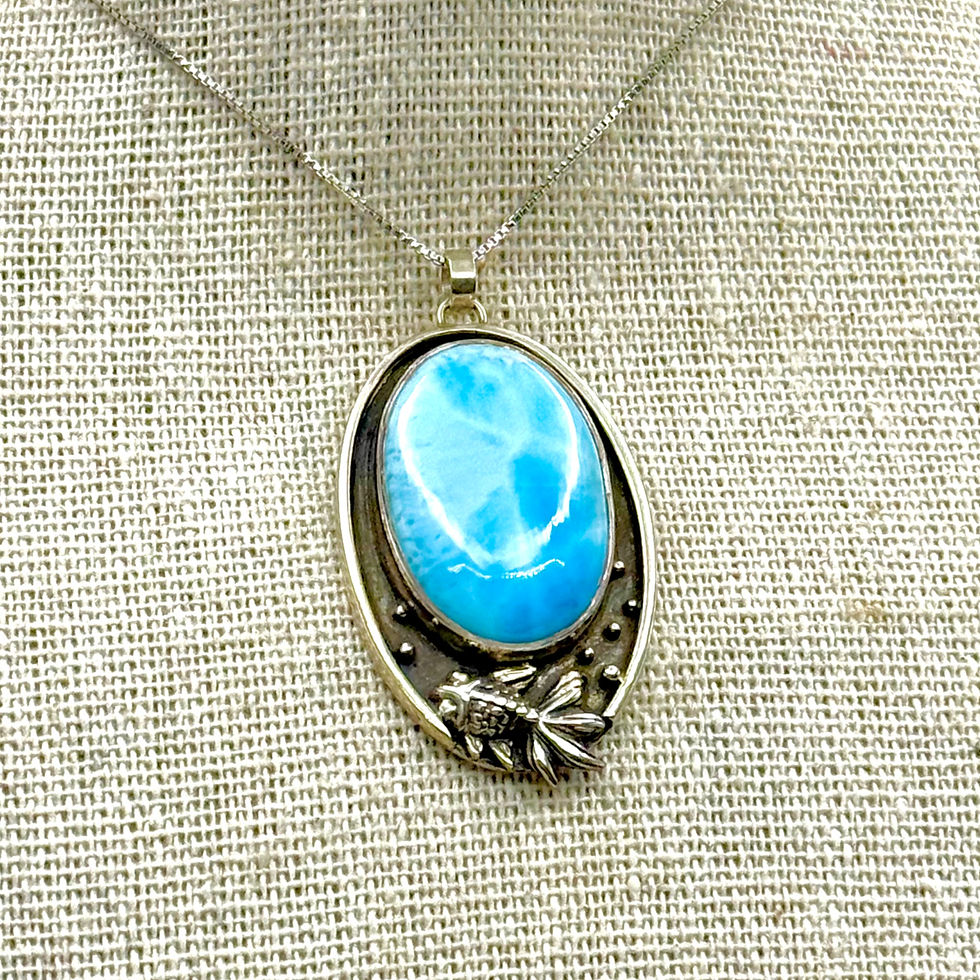 Thumbnail: Larimar and Sterling Silver Goldfish Pendant Necklace Blue Sky Fish Bubble Gift