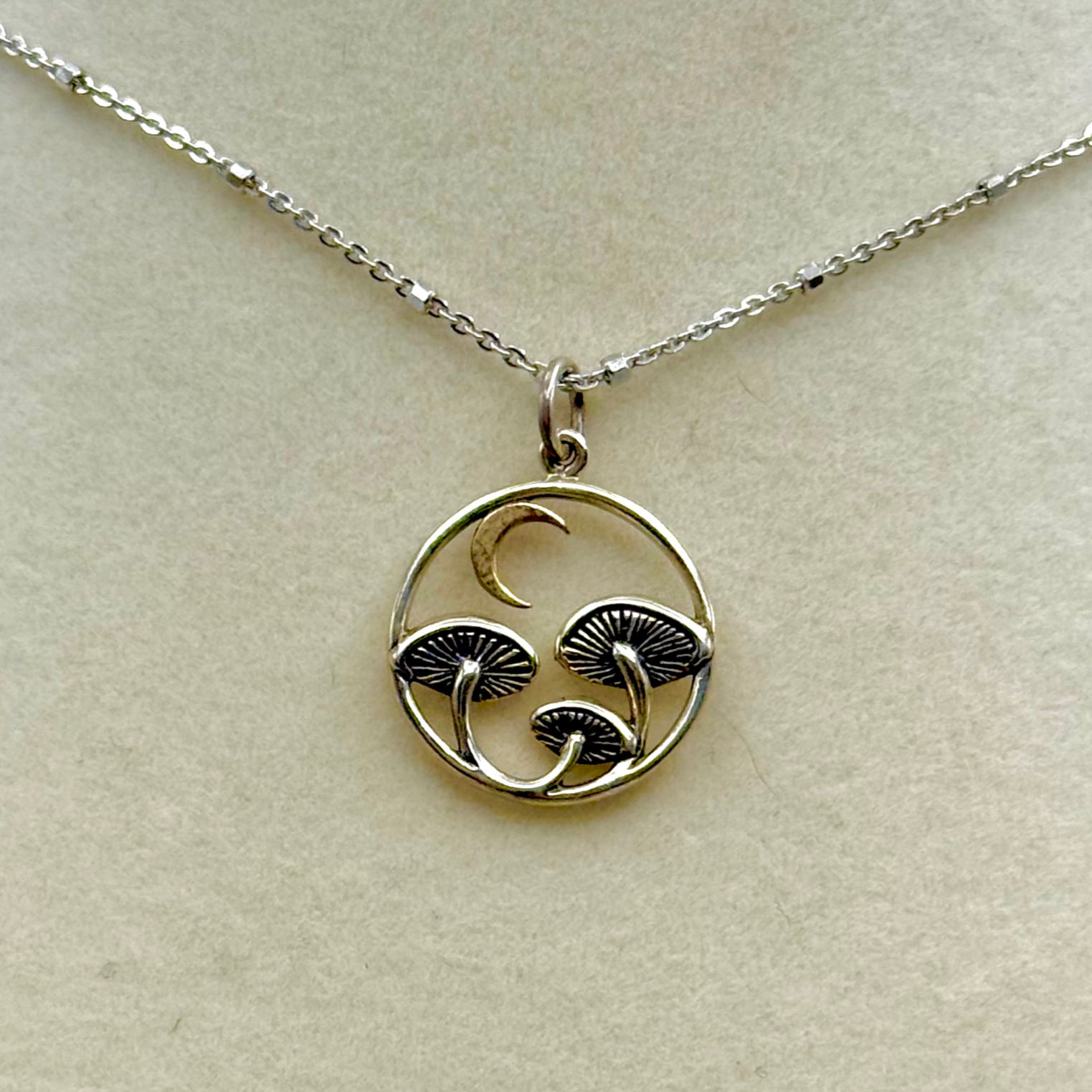 Sterling Silver and Gold Circular Mushroom and Moon Pendant Necklace Witchy Gift