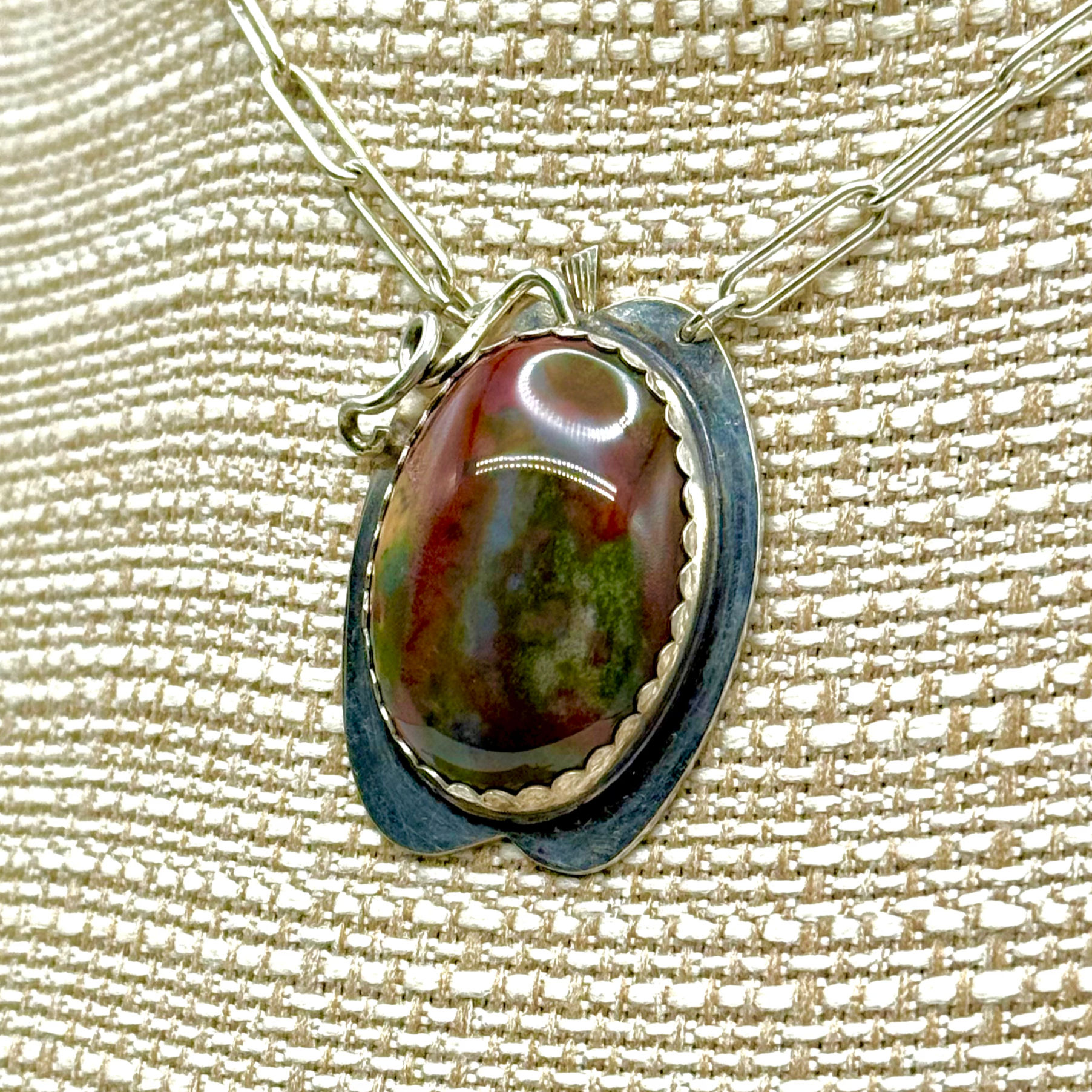 Ocean Jasper and Sterling Silver Pumpkin Pendant Necklace Large Bold Colorful