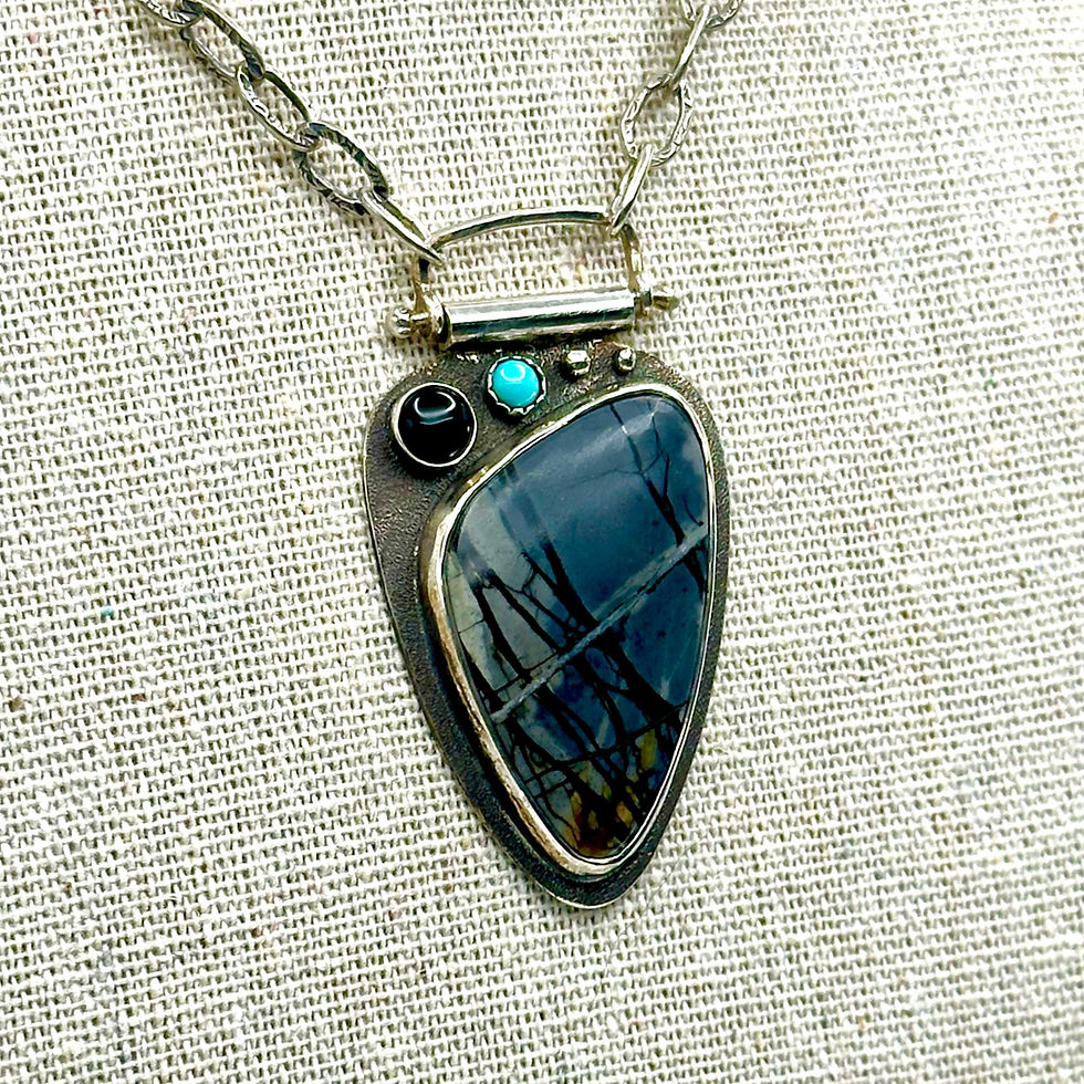 Thumbnail: Unique Black Picture Jasper/Onyx/Turquoise/Sterling Silver Pendant Necklace
